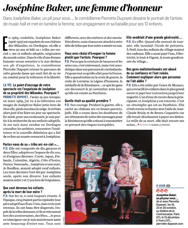Article du magazine La Vie sur le spectacle Joséphine Baker de Pierrette Dupoyet au Théâtre de la Contrescarpe