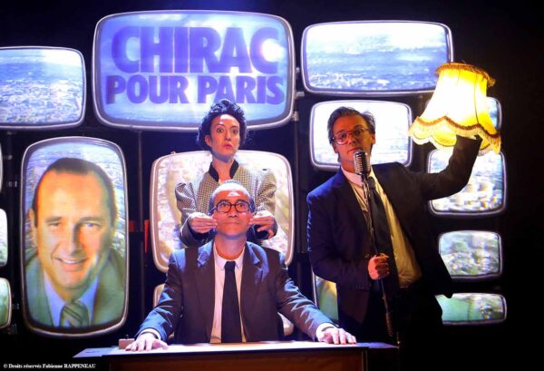 Charlotte Zotto, Régis Vlachos et Marc Pistolesi dans "Jacques Chirac" de Régis vlachos au Théâtre de la Contrescarpe. ©Fabienne Rappeneau